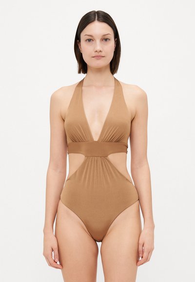 Brauner Halsbande-Schwimmanzug mit tiefem V-Ausschnitt, ausgeschnittenen Seiten und geraffter Taille. Hergestellt aus glattem, dehnbarem Material.