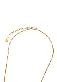 Colier cu lanț placat cu aur, cu zale texturate, prevăzut cu un cârlig tip homar și un lanț reglabil cu un accent rotund aproape de capăt.