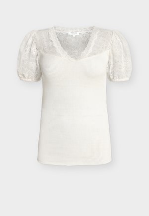 Λευκό ριμπ πλεκτό μπλουζάκι με λουλουδένιο δαντελένιο V-λαιμόκοψη και φουσκωτά κοντά μανίκια από δαντέλα, ελαστικές μανσέτες και εφαρμοστή σιλουέτα.