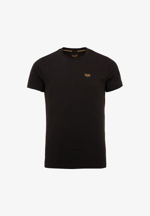 Zwart T-shirt met korte mouwen en ronde hals, met een klein PME Legend-logoplaatje op de bovenste linkerkant van de borst.