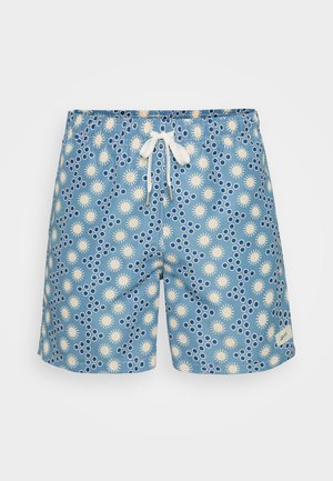 Zili peldbikses ar baltu auklu, rotātas ar saulīšu un apļu rakstu krēmkrāsā un tumši zilā krāsā. Izgatavotas no viegla materiāla.