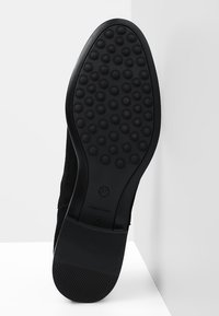 Semelle d'une chaussure de ville noire avec des zones de grip circulaires sur l'avant-pied et une section talon texturée, sur un fond blanc.