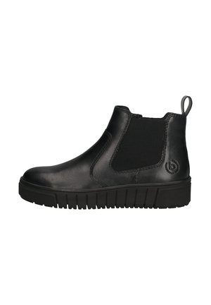 Black leather ankle boots with elastic side panels, rounded toe, textured rubber sole, and a pull tab for easy wear.