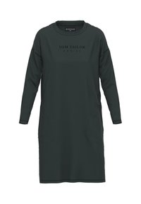Vestito lungo verde scuro a maniche lunghe con collo rotondo, caratterizzato da righe orizzontali e tasche laterali. Testo del logo stampato sulla parte anteriore.