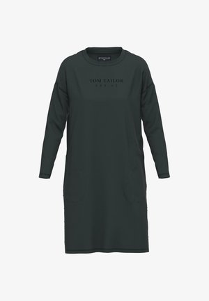 Donkergroene jurk met lange mouwen en een ronde hals, met horizontale strepen en zijzakken. Logo-tekst gedrukt op de voorkant.