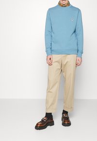 Felpa azzurra con polsini a coste, pantaloni beige e scarpe marroni con suole nere. Colletto di una camicia a quadri visibile sotto la felpa.