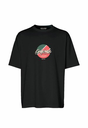 T-shirt in cotone nero con un logo grafico rotondo in verde, rosso e crema, con il testo "Original" e "Jack & Jones Worldwide" stampato sotto.