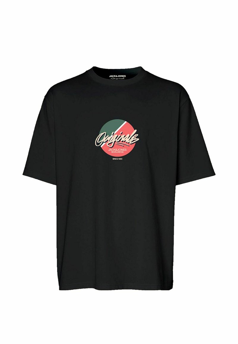 Camiseta de algodón negra con un gráfico redondo en verde, rojo y crema, con el texto "Original" y "Jack & Jones Worldwide" impreso debajo.