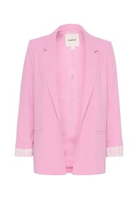 Růžový blazer z hladké tkaniny, s klopovým límcem, dlouhými rukávy se pruhovanými manžetami a jednou přední kapsou.