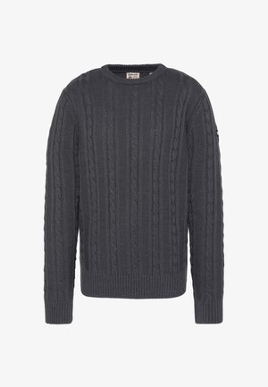 Dunkelgrauer Pullover mit Zopfmuster, featuring einem rundem Ausschnitt, gerippten Bündchen und einem strukturierten Muster im gesamten Stoff.