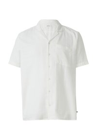 Chemise blanche à manches courtes et col, fabriquée en tissu léger, avec une poche poitrine et une fermeture à boutons. Texture lisse et coupe décontractée.