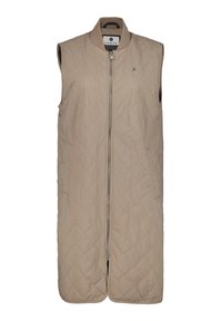 Gilet beige trapuntato con colletto alto e zip frontale. Presenta un design senza maniche, tasche laterali e un piccolo logo sul petto.
