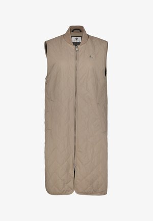 Beige gesteppte Weste mit hohem Kragen und einem Reißverschluss auf der Vorderseite. Verfügt über ein ärmellos Design, Seitentaschen und ein kleines Logo auf der Brust.