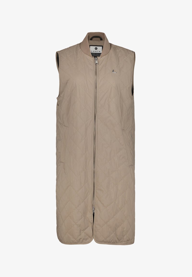 Gilet beige trapuntato con colletto alto e zip frontale. Presenta un design senza maniche, tasche laterali e un piccolo logo sul petto.