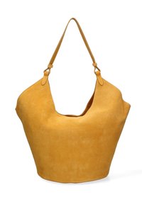 Borsa in suede giallo senape con un design morbido e senza chiusura, dotata di tracolla regolabile. Presenta una texture liscia e un design minimale.