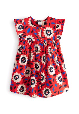 Rotes Kleinkindkleid mit kurzen Rüschensäumen, Frontknöpfen und weißem, blauem und schwarzem Blumenmuster mit verstreuten Blättern.