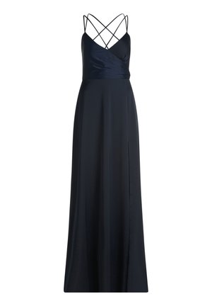 Robe longue bleu marine avec un corsage ajusté, des bretelles croisées et une jupe fluide. Fabriquée en satin avec une texture lisse.