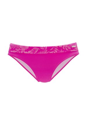 Bright pink bikini bottoms with a wide waistband featuring a tonal tropical leaf pattern and a small metal brand tag on the side.