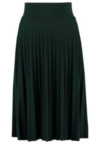 Tummanvihreä, laskostettu midi-hame, jossa on leveä vyötärönauha. Valmistettu sileästä, kevyestä kankaasta, joka laskostuu pehmeästi. Ei näkyviä kuvioita tai koristeita.