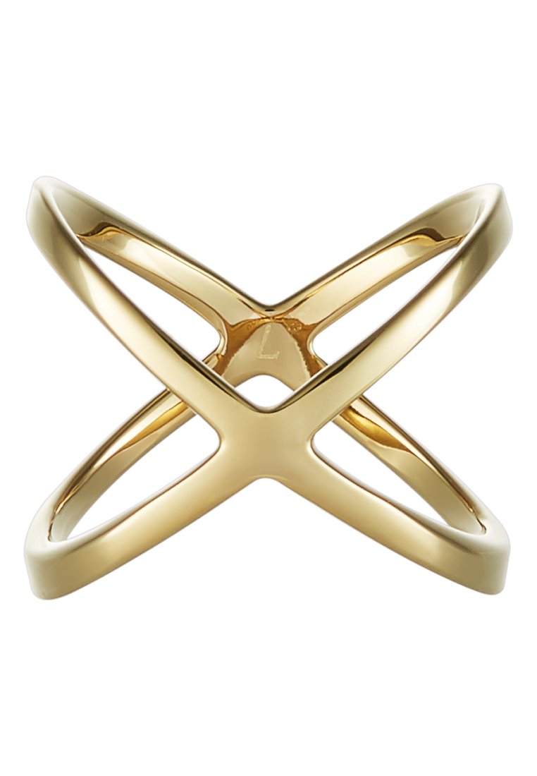 Gouden ring met een open, in elkaar grijpend ontwerp met gladde, gepolijste oppervlakken en een minimalistische esthetiek.