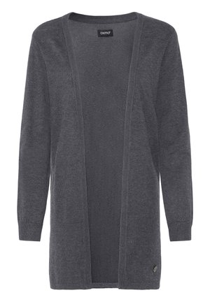 Sivi kardigan odprte sprednje strani, izdelan iz mehkega pletenega materiala. Ima dolge rokave, rebraste manšete in majhen logotip na spodnjem levem delu.