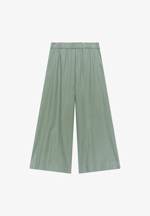 Pantalon vert à jambes larges avec une taille élastique, en tissu doux. Comprend des poches latérales et une texture lisse résistante aux plis.
