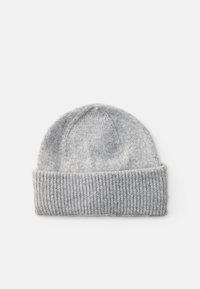 Γκρι πλεκτό σκουφάκι με διπλωμένο ριμπ μανίκι, φτιαγμένο από μαλακό υλικό, με αδιάκοπο επάνω μέρος και λεία υφή.