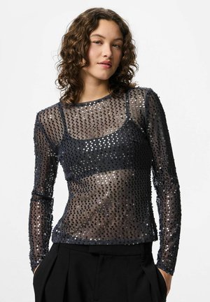Sort transparent mesh langærmet top prydet med små runde pailetter i forskellige nuancer, med en tætsiddende silhuet og scoop-udskæring.