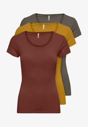 Three short-sleeved t-shirts in rust, mustard yellow, and dark green. Made of smooth fabric with a rounded neckline and a fitted design.