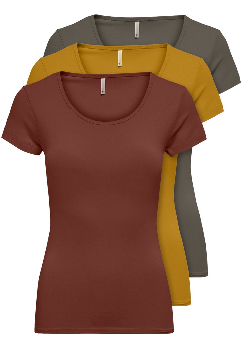 Three short-sleeved t-shirts in rust, mustard yellow, and dark green. Made of smooth fabric with a rounded neckline and a fitted design.