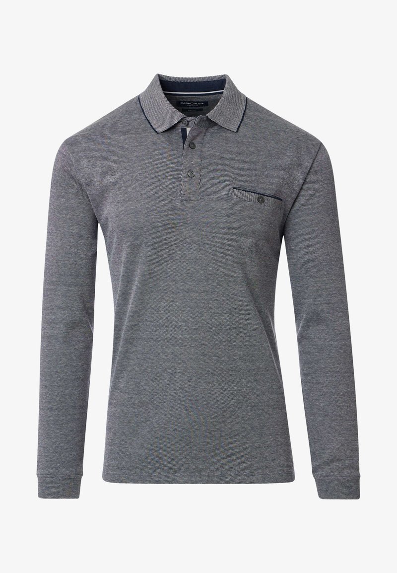 Langarm-Polohemd in Dunkelgrau, mit einem Kragen, Drei-Knopf-Leiste und einer Brusttasche mit feinen marineblauen Akzenten.