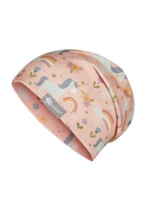 Bonnet en coton rose avec un motif ludique d'uniques, d'arcs-en-ciel, de fleurs et de nuages ; texture douce avec un revers et une petite étiquette de logo.