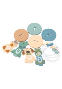 Wooden animal-shaped numbers 1-4 in pastel colors with a rope for threading; features include textured details and playful designs.