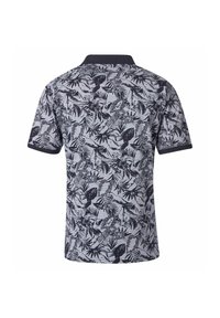 Koszulka polo w jasnoszarym kolorze z czarnym wzorem tropikalnych liści; krótki rękaw i ciemny kołnierzyk. Wykonana z teksturowanej tkaniny.