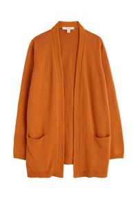 Rostorange cardigan i strukturerad stickad halk, med öppen framtill, långa ärmar och två framfickor.