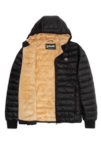 Sort pufferjakke med hætte, med en blød beige indvendig foring. Ydersiden har en quiltet tekstur og et emblem på brystet.