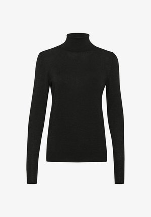 Črni pulover s polo ovratnikom iz pletene tkanine z rahlim sijajem. Prilegajoča silhueta z dolgimi rokavi in rebrastim ovratnikom.