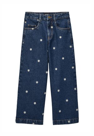 Pantalon en denim bleu foncé à coupe large, orné d'une broderie de fleurs de marguerite blanches uniformément réparties sur toute la surface.