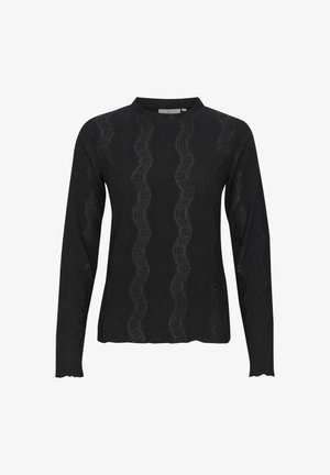 Pull noir à manches longues en tricot texturé, présentant un motif ondulé, un col rond et un bord scallopé.