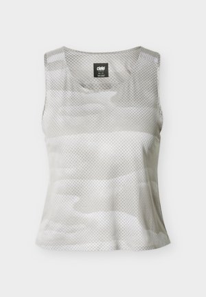 Top senza maniche in tessuto a rete grigio chiaro, con motivo traforato e design a vestibilità rilassata. Scollo rotondo e nessuna chiusura visibile.