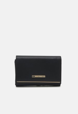 Black faux leather wallet with a rectangular shape, featuring a gold-tone accent bar and a textured surface. Compact and minimalist design.