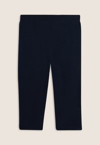 Leggings azul marino hechos de tela elástica, con una cintura elástica, longitud hasta la mitad de la pantorrilla y una textura suave sin patrones ni adornos.