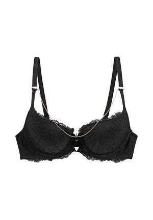 Soutien-gorge à armatures en dentelle noire avec bretelles réglables et un délicat détail de chaîne dorée reliant les bonnets au centre avant.