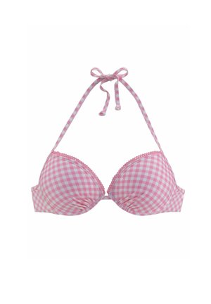 Rosa-weiß kariertes Neckholder-Bikinioberteil mit vorgeformten Cups und einer Schleife am Hals.