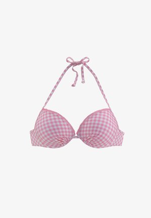 Pink and white checkered halter bikini top with molded cups and a bow tie closure at the neck.
