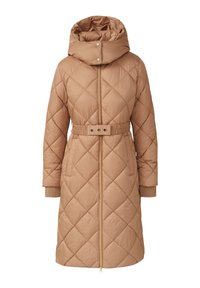 Manteau long d'hiver matelassé couleur chameau, avec col montant, ceinture à la taille, fermeture éclair avant et poignets côtelés.