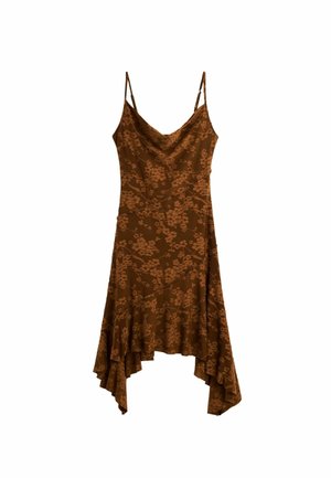 Braunes ärmelloses Kleid mit dünnen Trägern, floralem Muster, asymmetrischem, gerafftem Saum und drapiertem Ausschnitt.