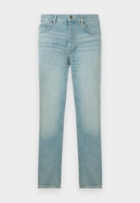 Jeans de mezclilla azul claro con un corte recto, que presentan un lavado desgastado, diseño de cinco bolsillos y un cierre frontal con botón.
