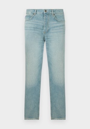 Jeans din denim albastru deschis, cu un croi drept, având un finisaj decolorat, design cu cinci buzunare și închidere frontală cu un buton.