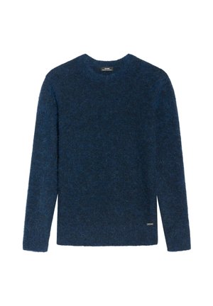 Niebieski wełniany sweter o miękkiej fakturze, z okrągłym dekoltem i długimi rękawami. Posiada małą metkę marki u dolnego brzegu.